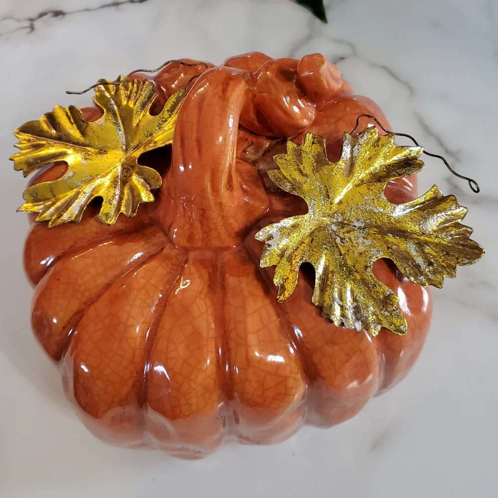 Ceramic Pumpkin with metal leaves